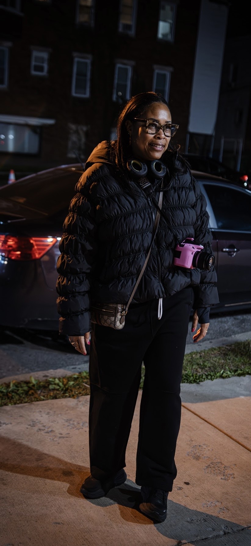 Andrena Hale directing on location, camera at her side