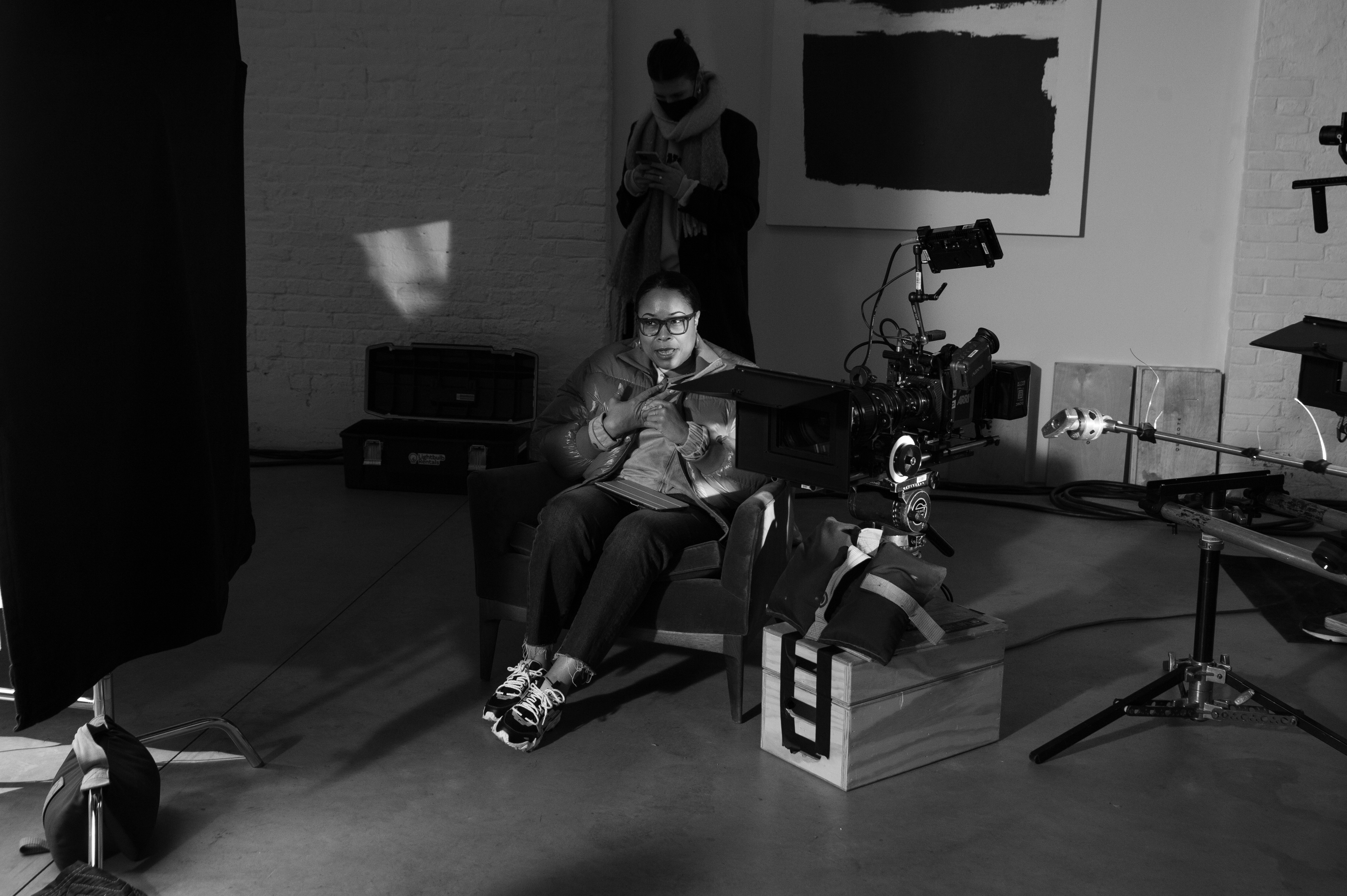 Andrena Hale beside the A-camera on a studio build